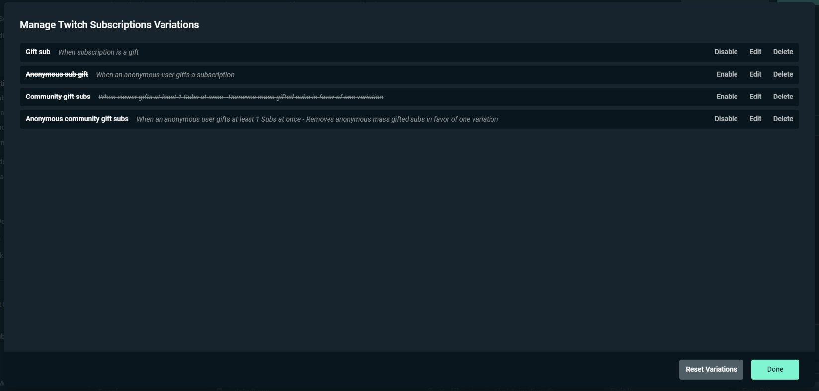 Alert Box variation management screen with list of variations